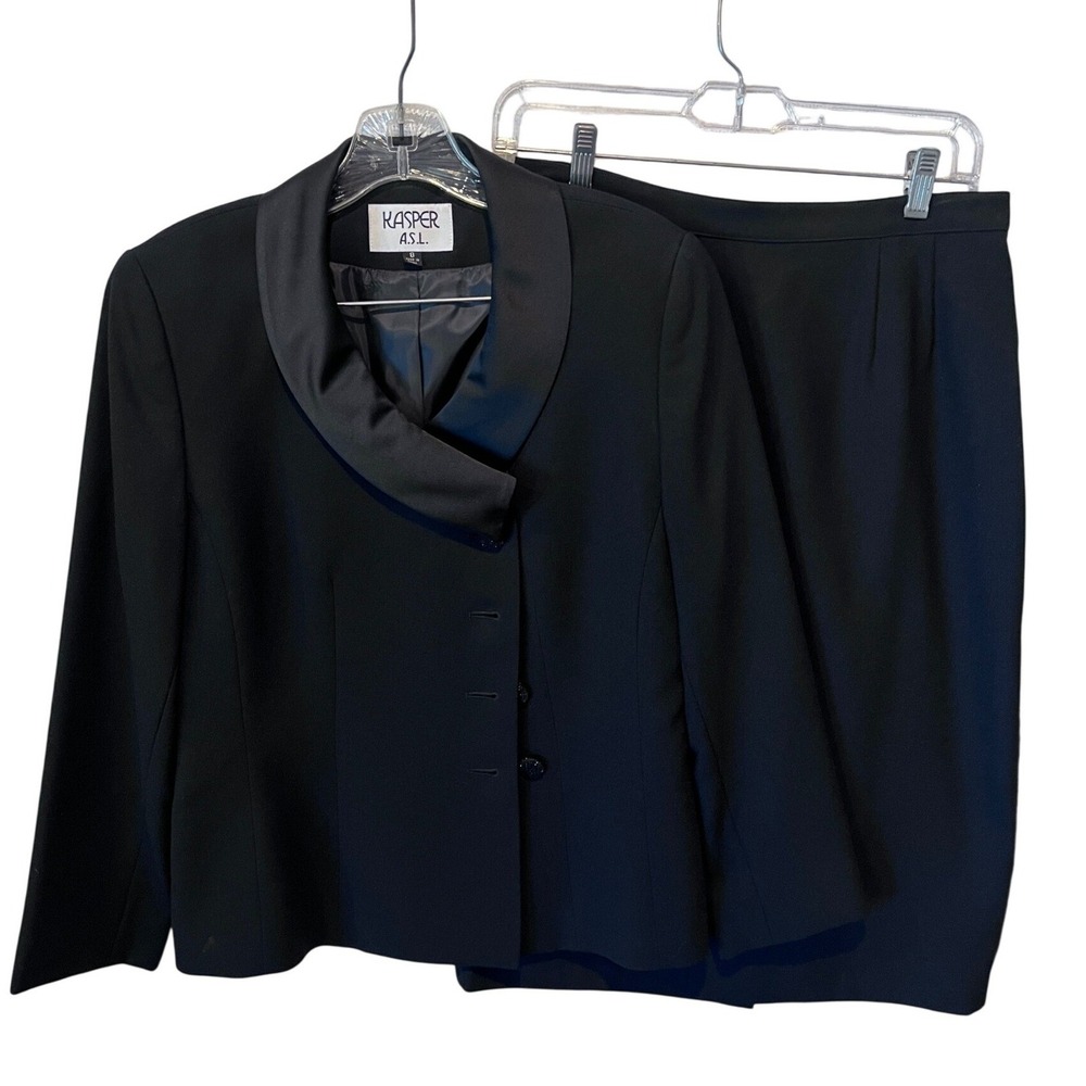 Kasper ASL Womens Black Skirt Suit Set Satin Shawl Collar Blazer Size 8